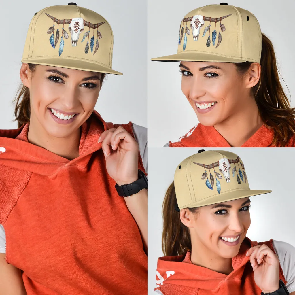 Tan Snapback Hat Cap Boho With Bull and Feathers