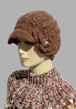 THE WINE AND GOLD BROWN ALPACA HAT, crochet beanie, woman's size, for cold weather, Christmas gift,