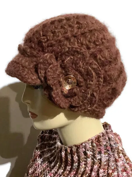 THE WINE AND GOLD BROWN ALPACA HAT, crochet beanie, woman's size, for cold weather, Christmas gift,