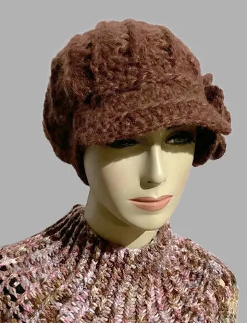 THE WINE AND GOLD BROWN ALPACA HAT, crochet beanie, woman's size, for cold weather, Christmas gift,