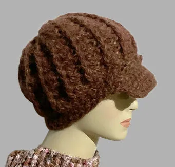 THE WINE AND GOLD BROWN ALPACA HAT, crochet beanie, woman's size, for cold weather, Christmas gift,