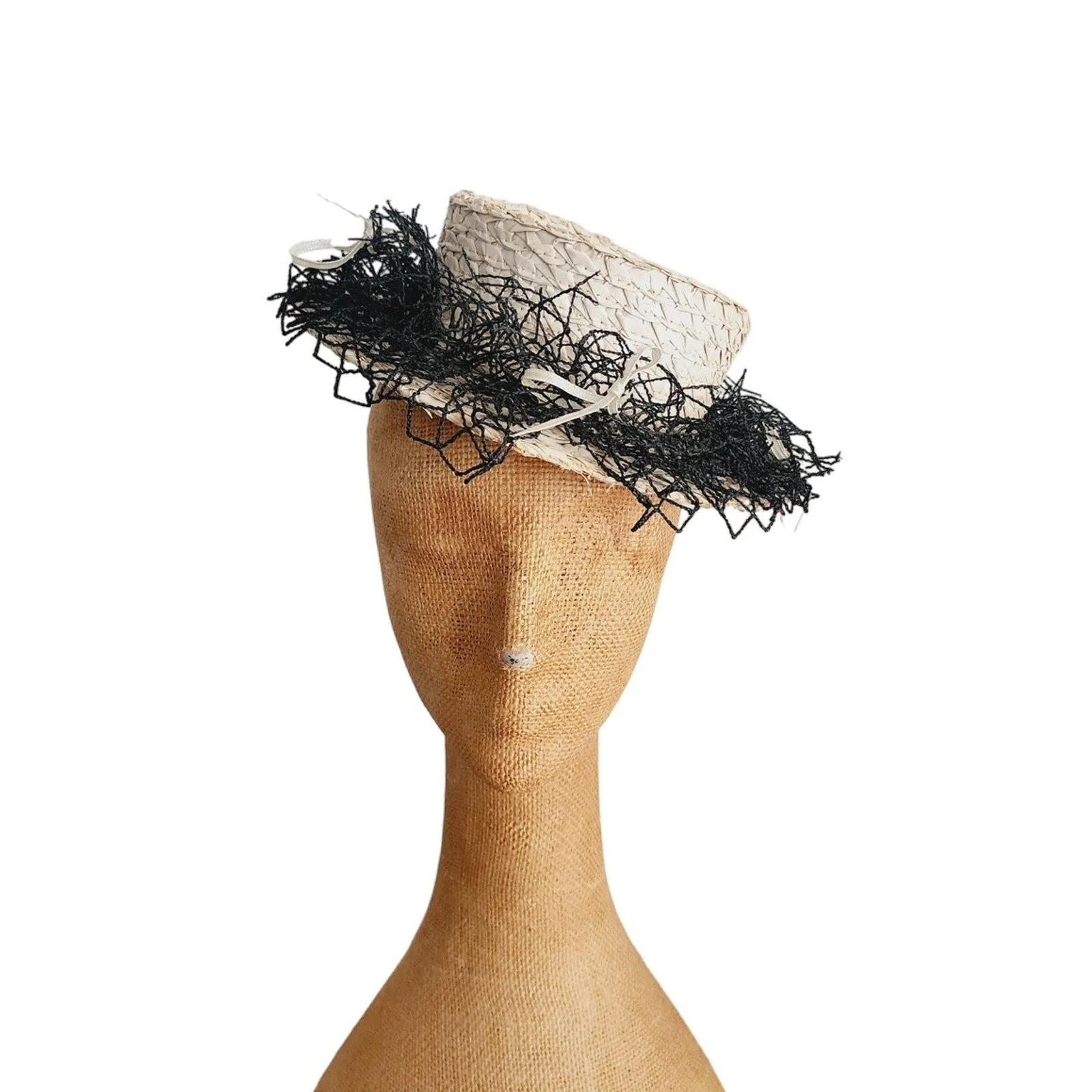 Vintage 30s Beige Straw Hat Black Netting New York Creation