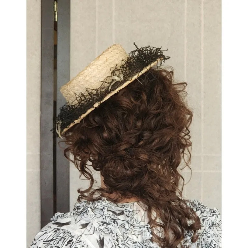 Vintage 30s Beige Straw Hat Black Netting New York Creation