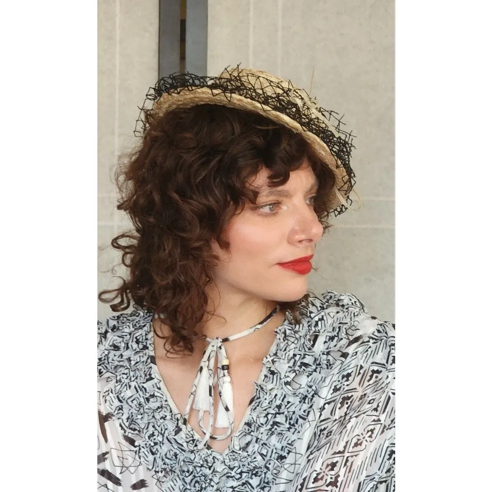 Vintage 30s Beige Straw Hat Black Netting New York Creation