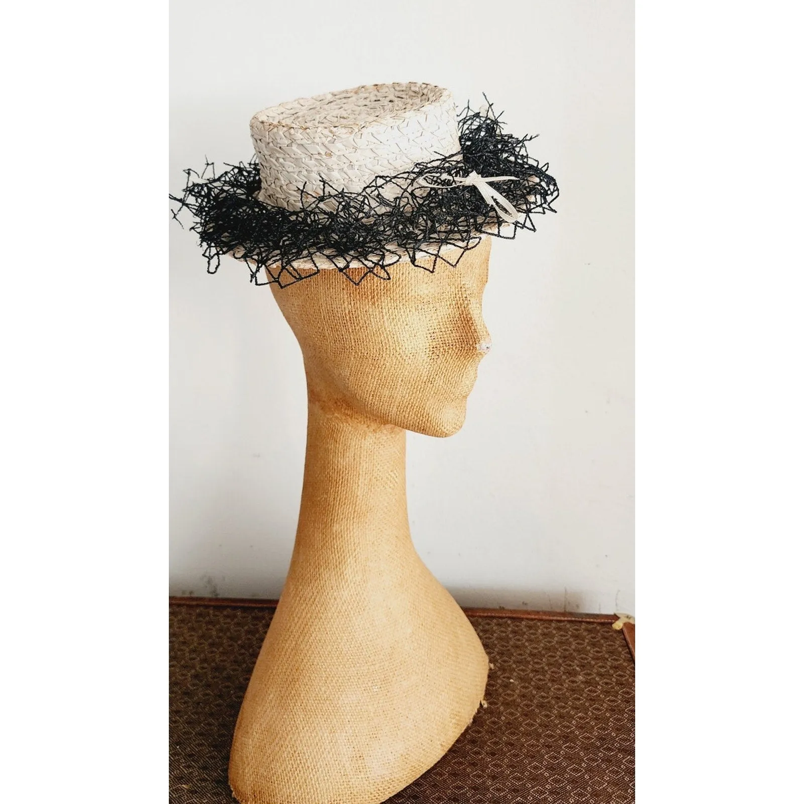 Vintage 30s Beige Straw Hat Black Netting New York Creation