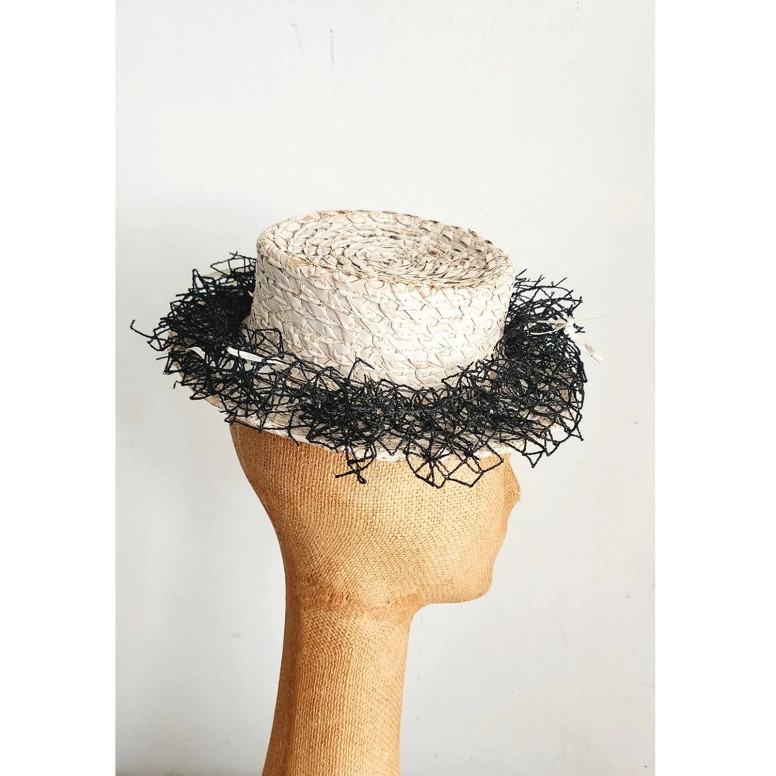 Vintage 30s Beige Straw Hat Black Netting New York Creation