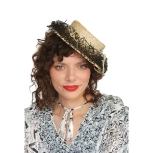 Vintage 30s Beige Straw Hat Black Netting New York Creation
