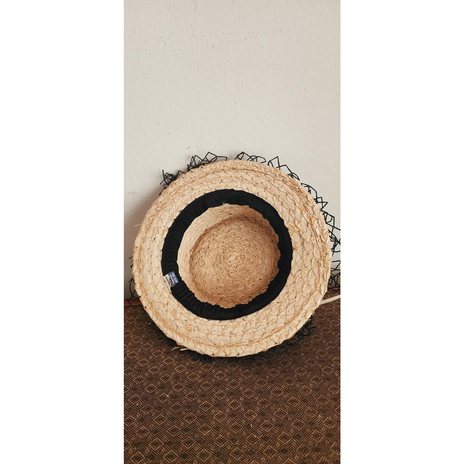 Vintage 30s Beige Straw Hat Black Netting New York Creation