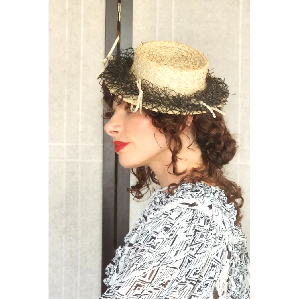 Vintage 30s Beige Straw Hat Black Netting New York Creation