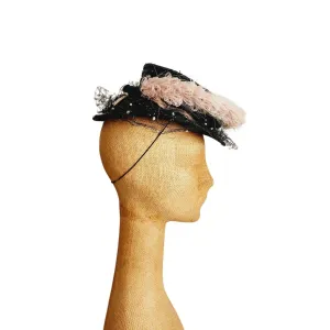 Vintage 40s Tilt Top Boater Hat Black Straw & Pink Trim