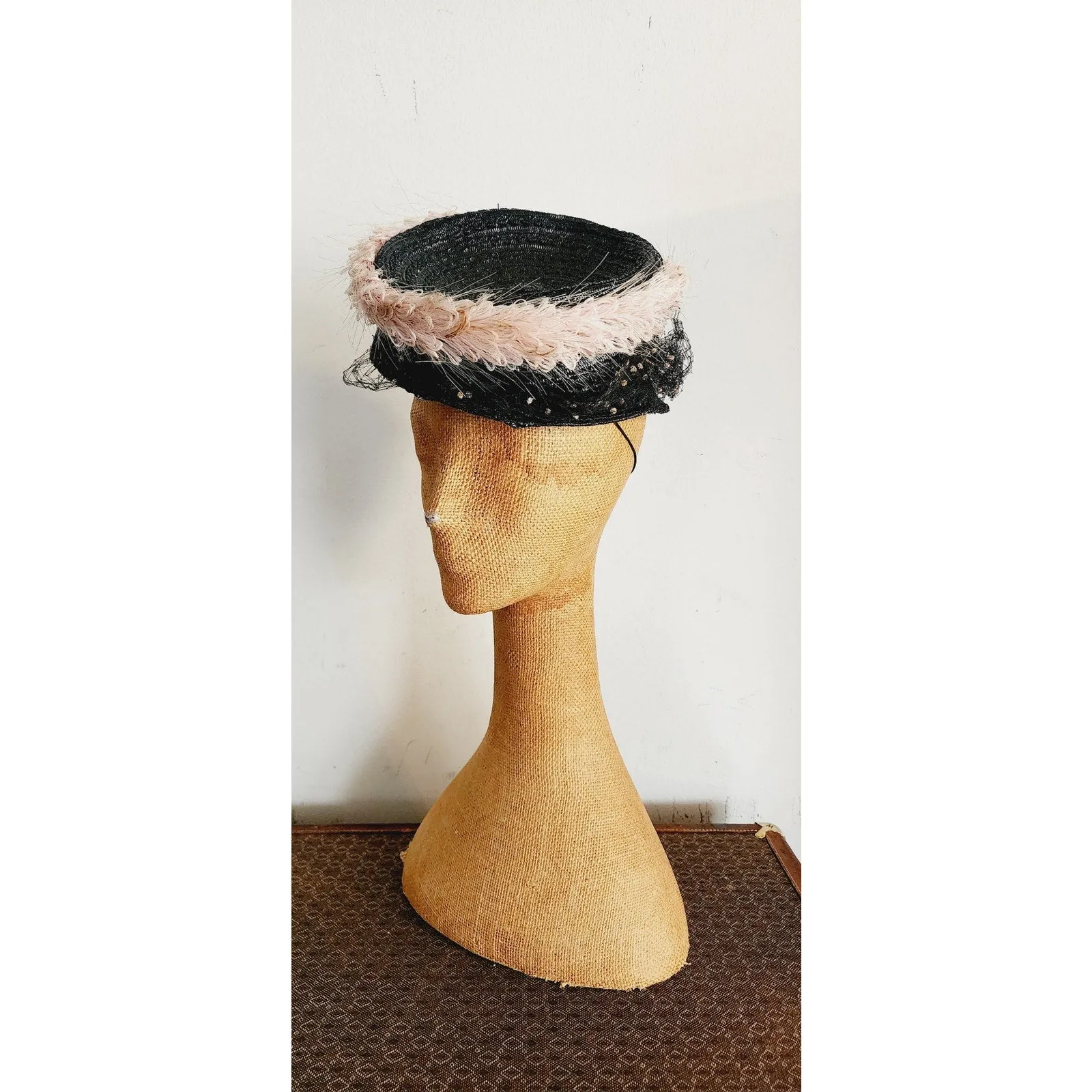 Vintage 40s Tilt Top Boater Hat Black Straw & Pink Trim