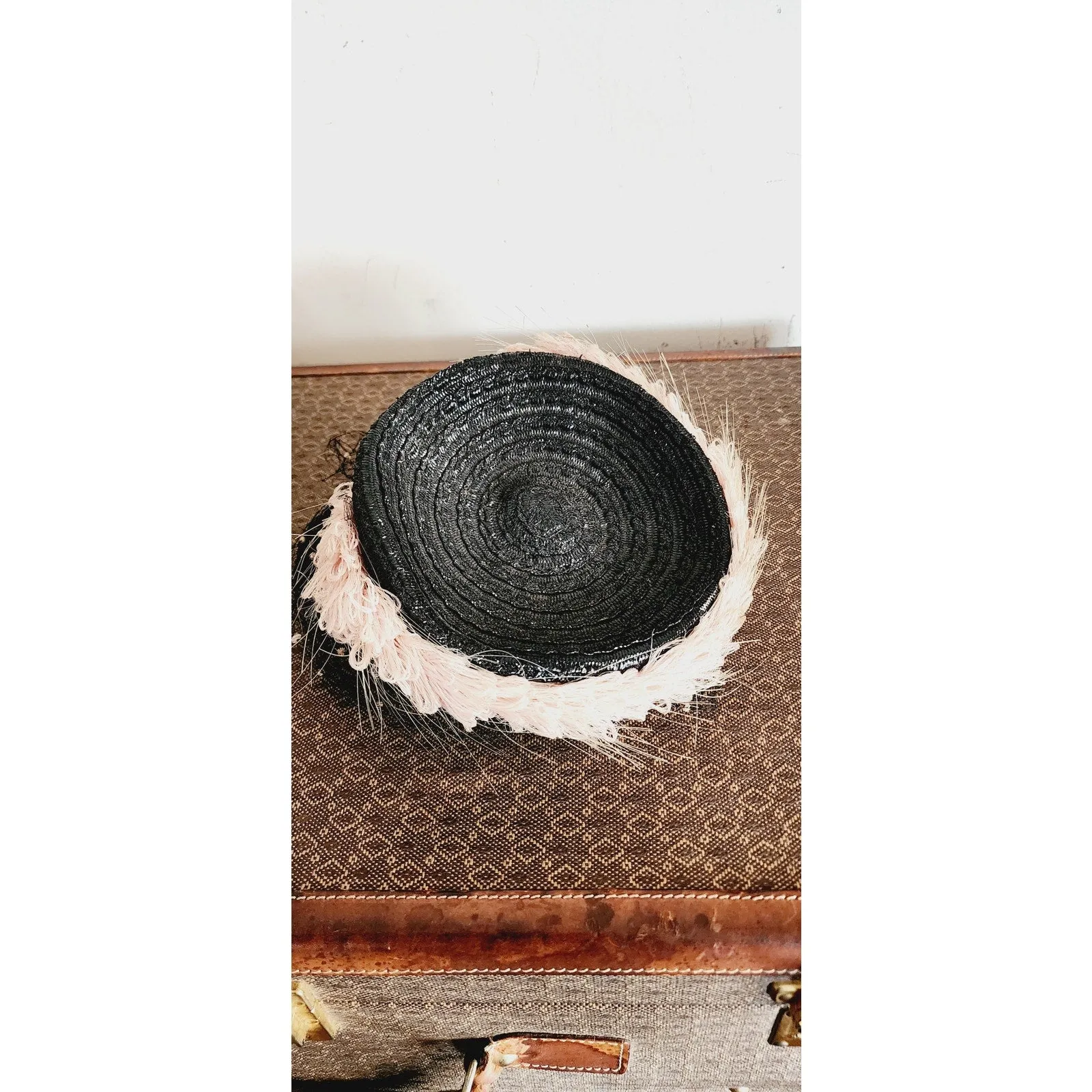Vintage 40s Tilt Top Boater Hat Black Straw & Pink Trim