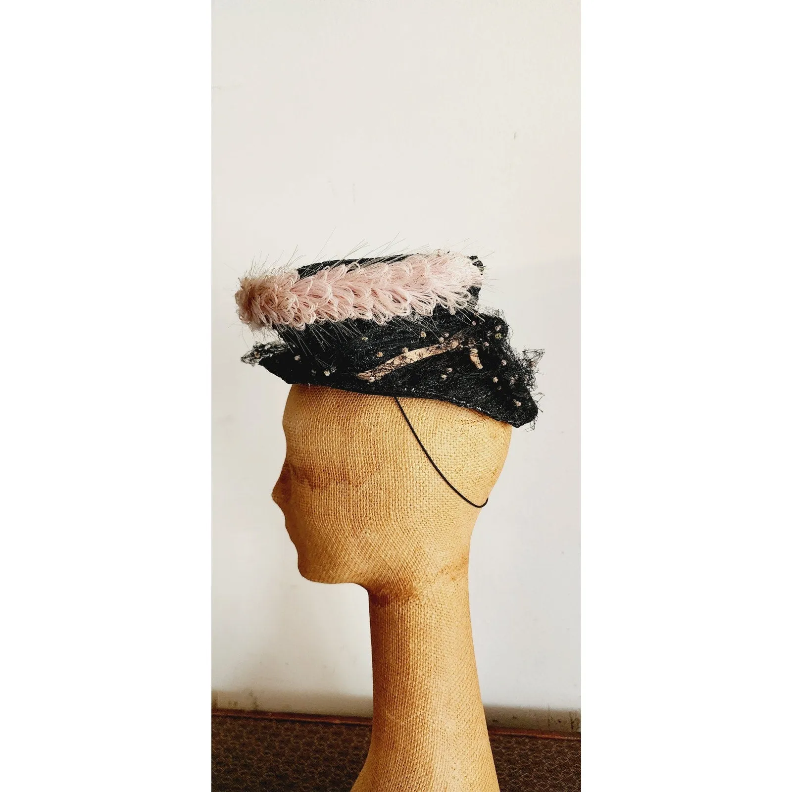 Vintage 40s Tilt Top Boater Hat Black Straw & Pink Trim