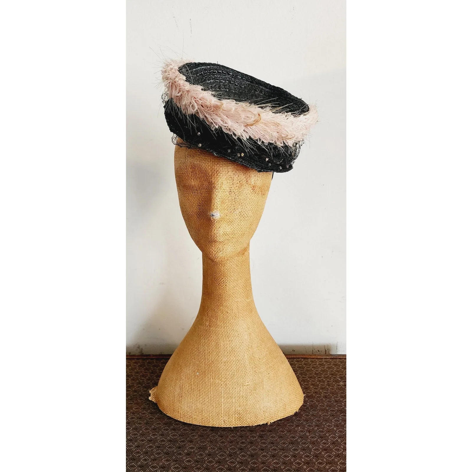 Vintage 40s Tilt Top Boater Hat Black Straw & Pink Trim