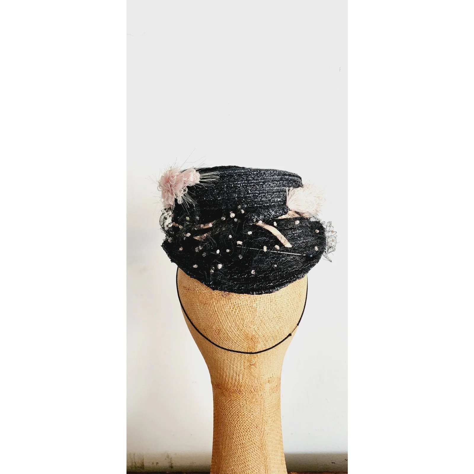 Vintage 40s Tilt Top Boater Hat Black Straw & Pink Trim