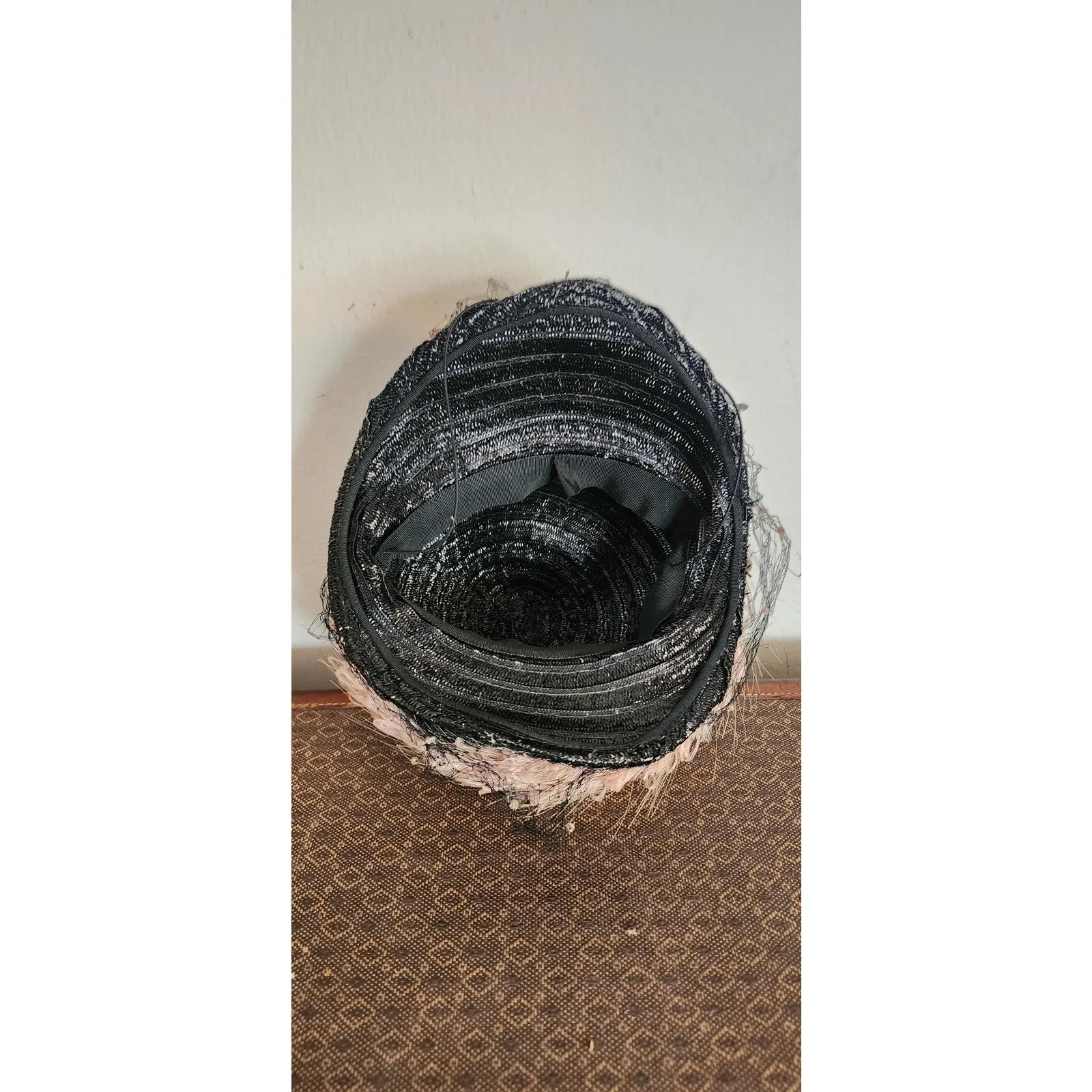 Vintage 40s Tilt Top Boater Hat Black Straw & Pink Trim
