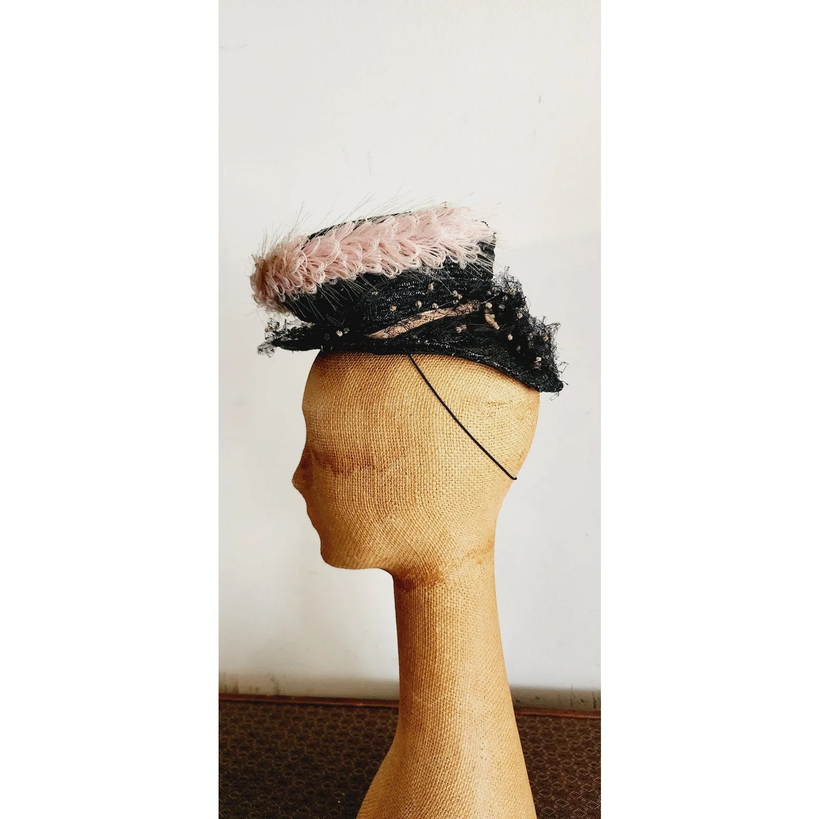 Vintage 40s Tilt Top Boater Hat Black Straw & Pink Trim