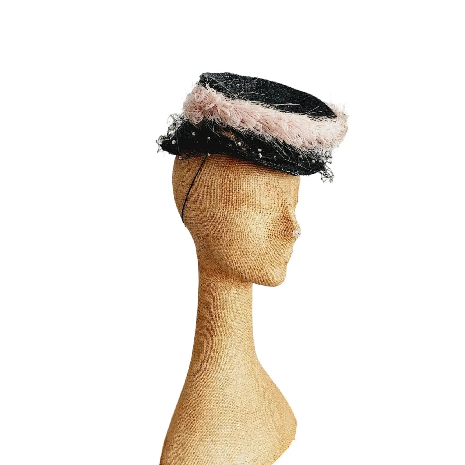 Vintage 40s Tilt Top Boater Hat Black Straw & Pink Trim