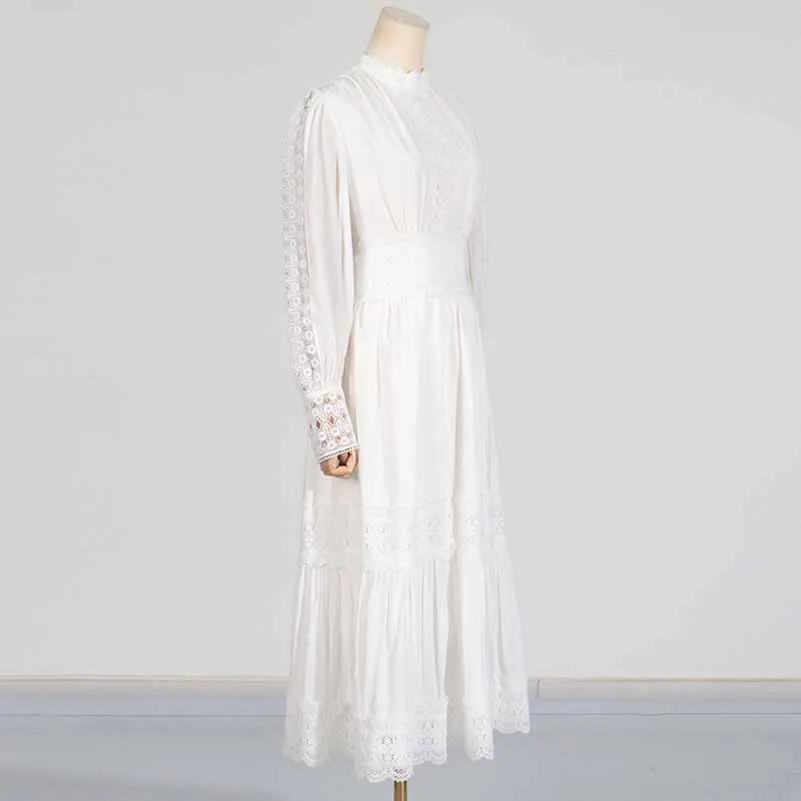 White Maxi Dress Standard Collar Lace Lantern Sleeved Long Dress