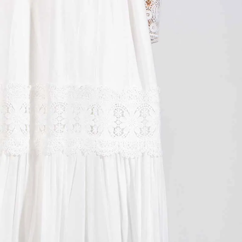 White Maxi Dress Standard Collar Lace Lantern Sleeved Long Dress