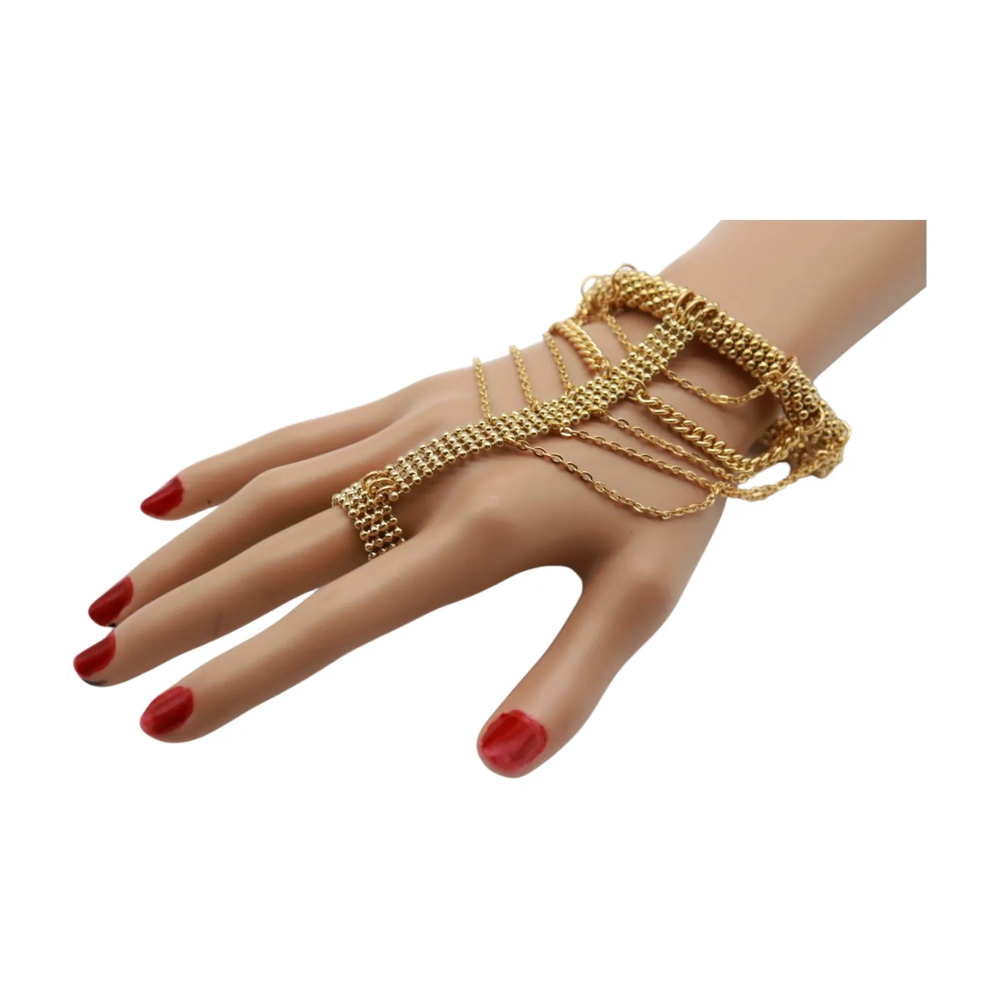 Women Gold Mesh Metal Hand Chain Wrist Fashion Bracelet Ring Size 6.5