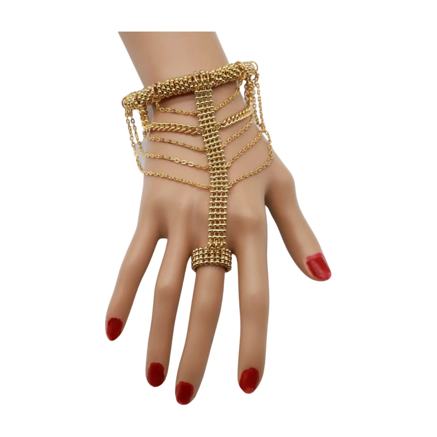 Women Gold Mesh Metal Hand Chain Wrist Fashion Bracelet Ring Size 6.5