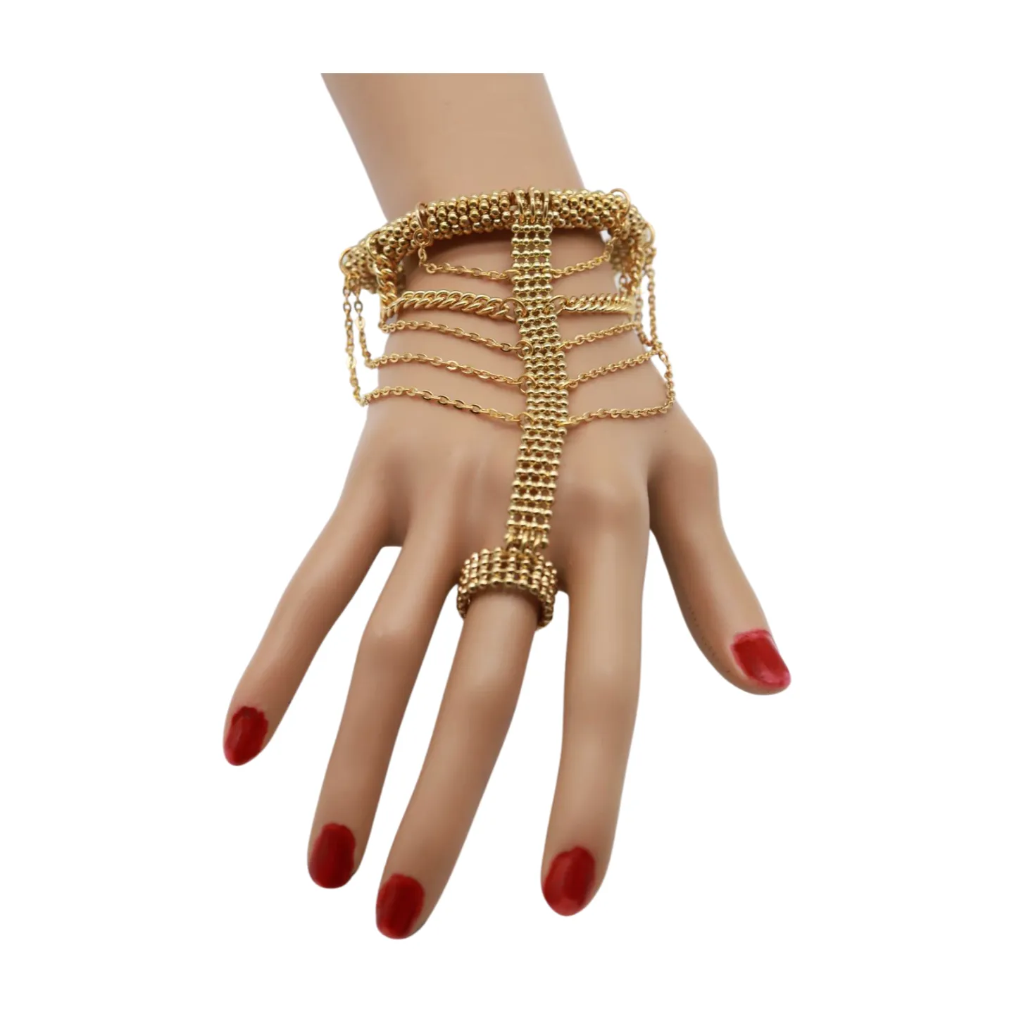 Women Gold Mesh Metal Hand Chain Wrist Fashion Bracelet Ring Size 6.5