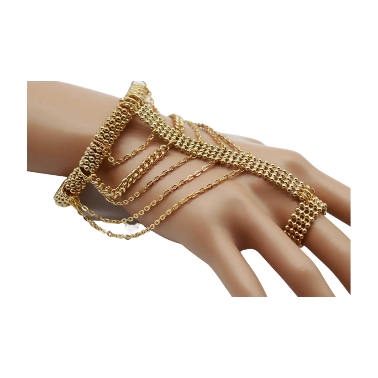 Women Gold Mesh Metal Hand Chain Wrist Fashion Bracelet Ring Size 6.5