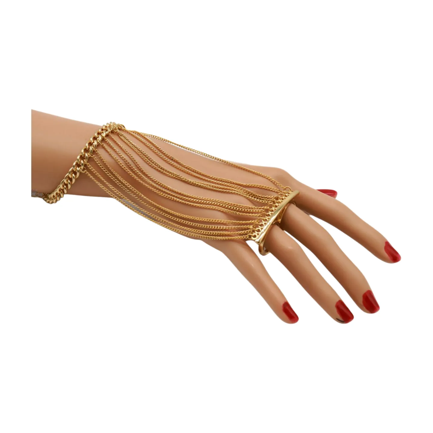 Women Gold Metal Hand Chain Bracelet 2 Connected Rings