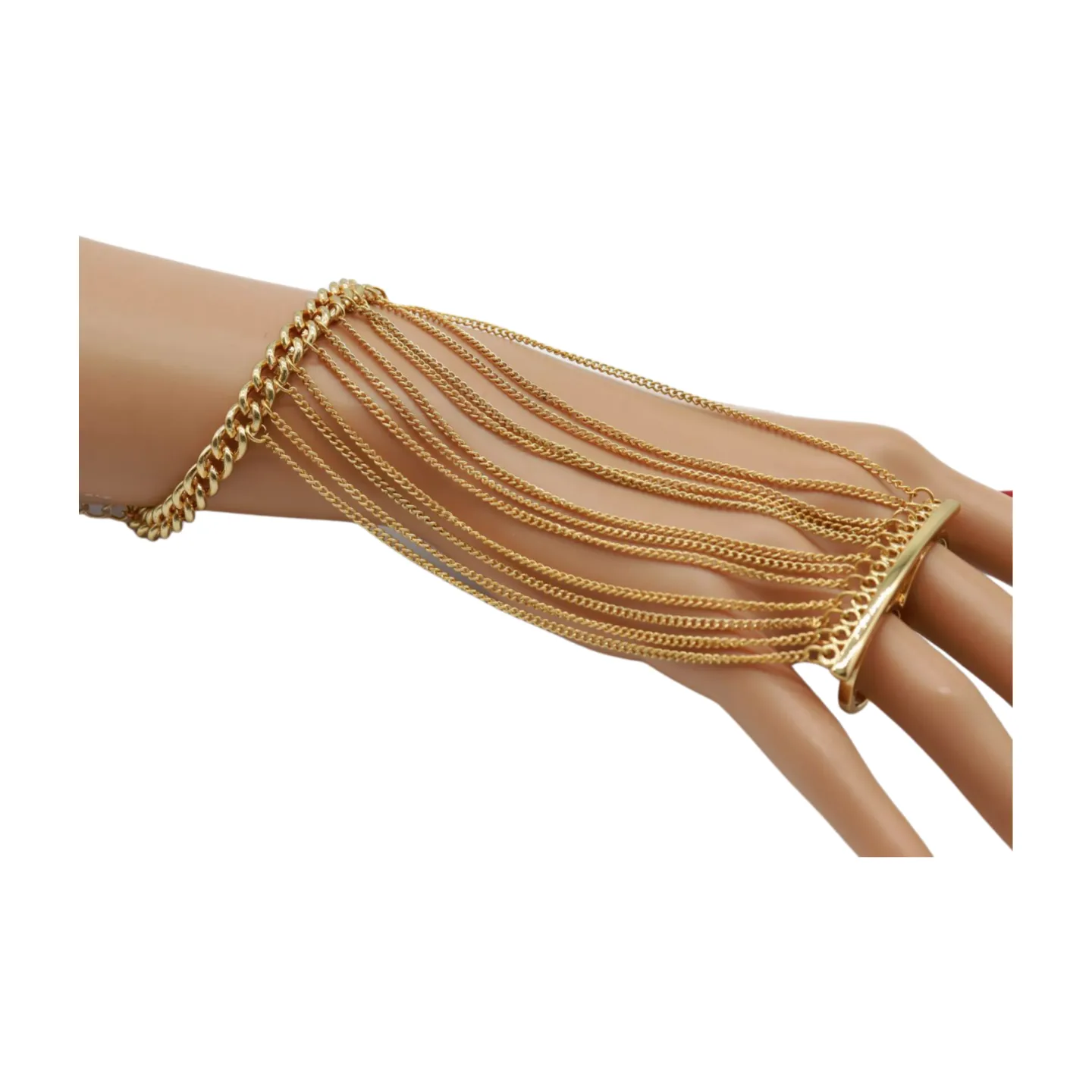 Women Gold Metal Hand Chain Bracelet 2 Connected Rings
