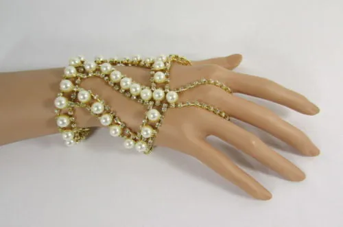 Women Gold Metal Hand Chain Bracelet 2 Connected Rings