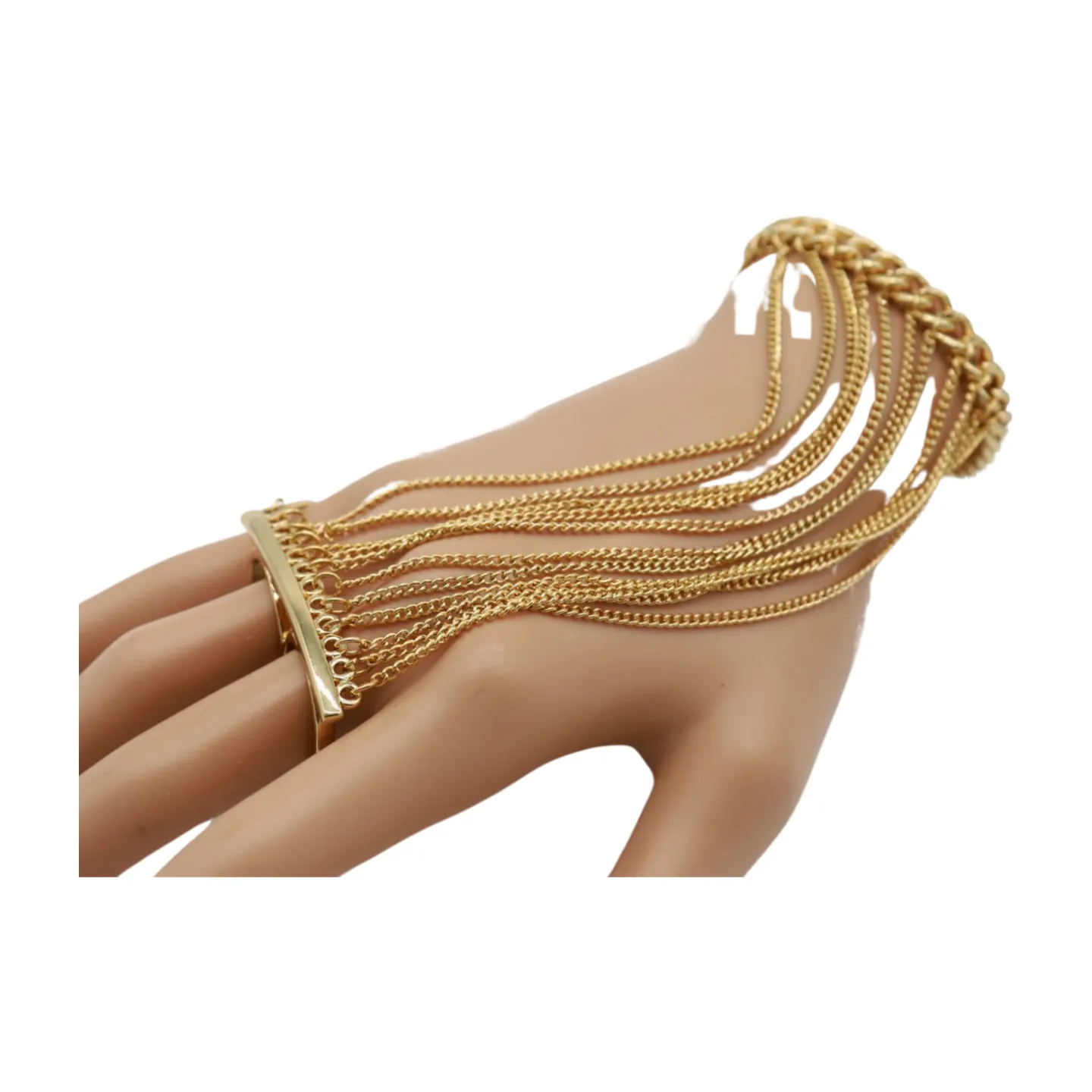 Women Gold Metal Hand Chain Bracelet 2 Connected Rings