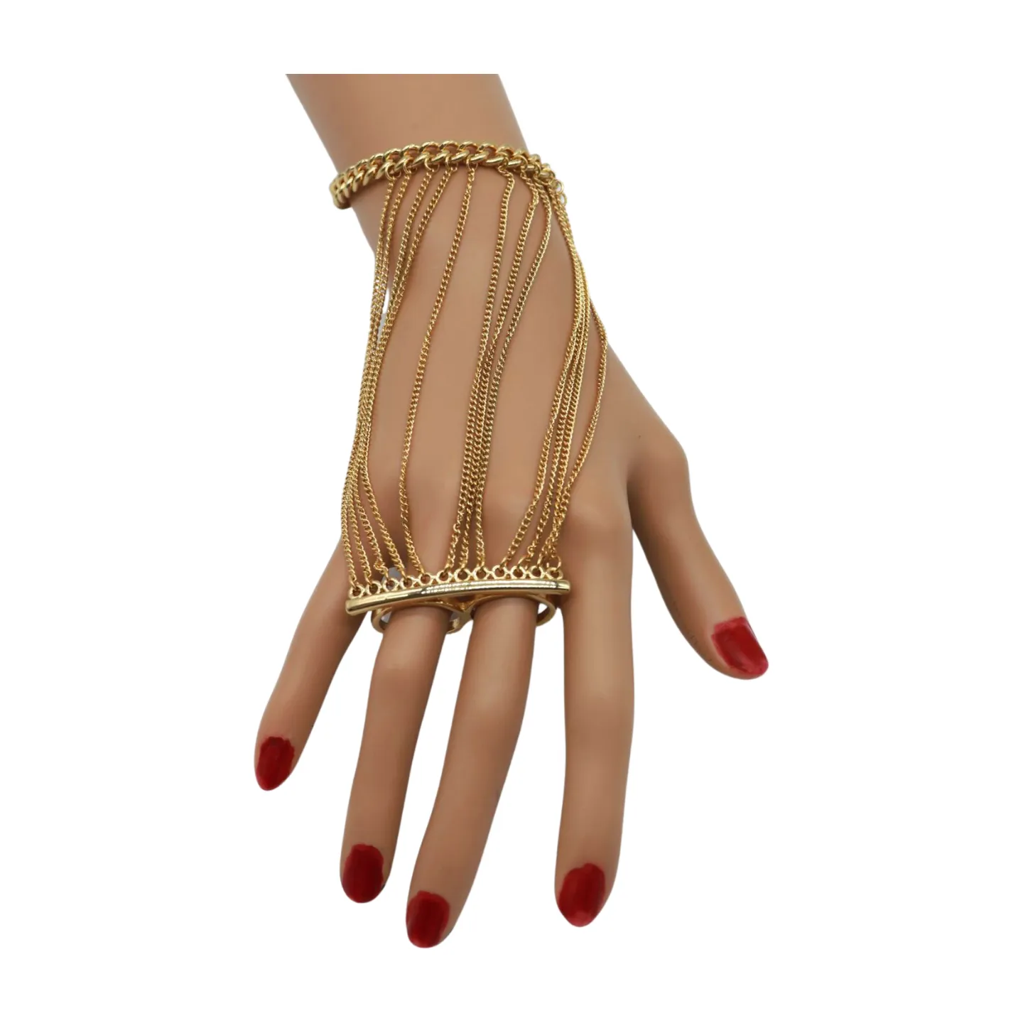 Women Gold Metal Hand Chain Bracelet 2 Connected Rings