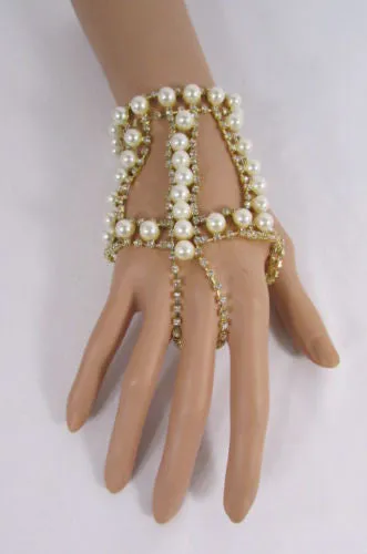 Women Gold Metal Hand Chain Bracelet 2 Connected Rings
