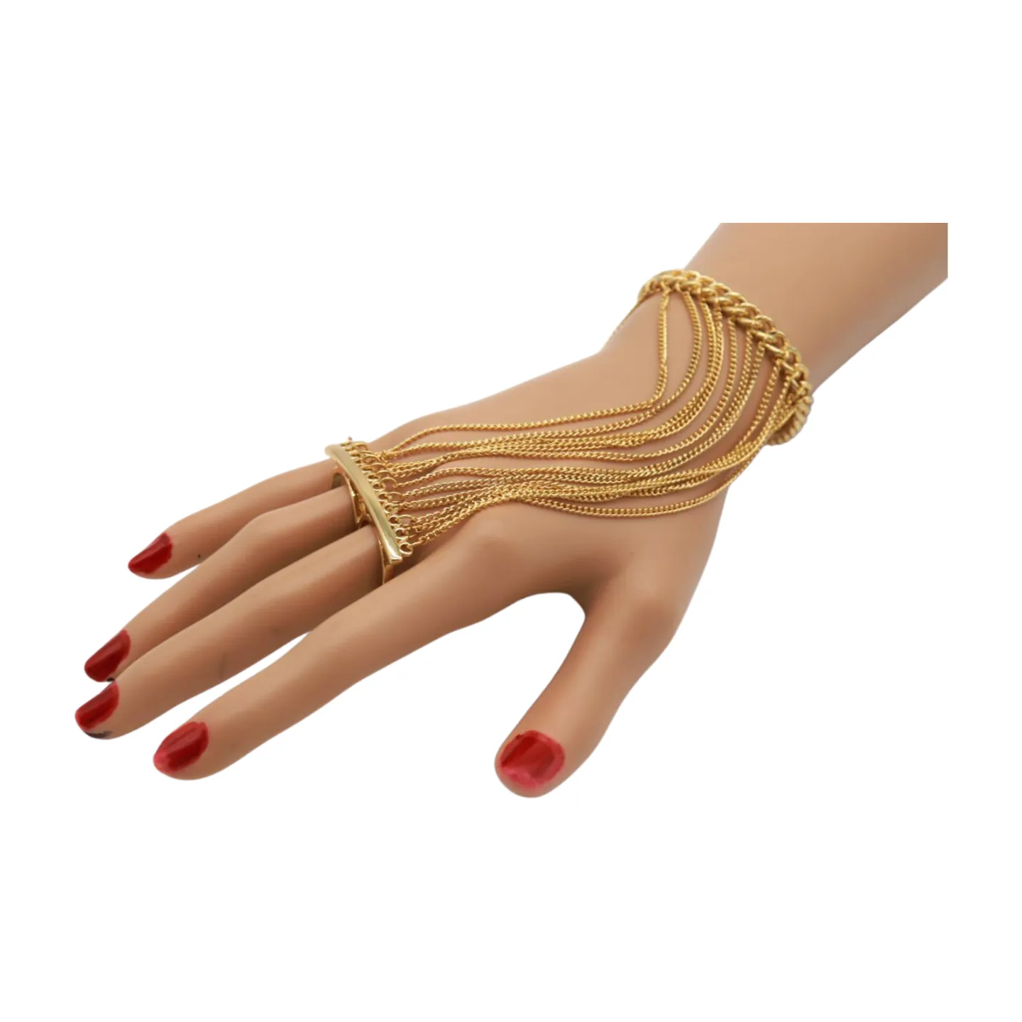 Women Gold Metal Hand Chain Bracelet 2 Connected Rings