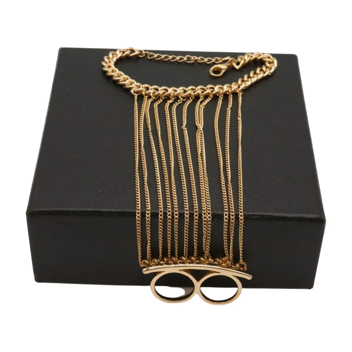 Women Gold Metal Hand Chain Bracelet 2 Connected Rings