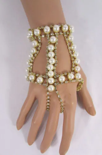 Women Gold Metal Hand Chain Bracelet 2 Connected Rings