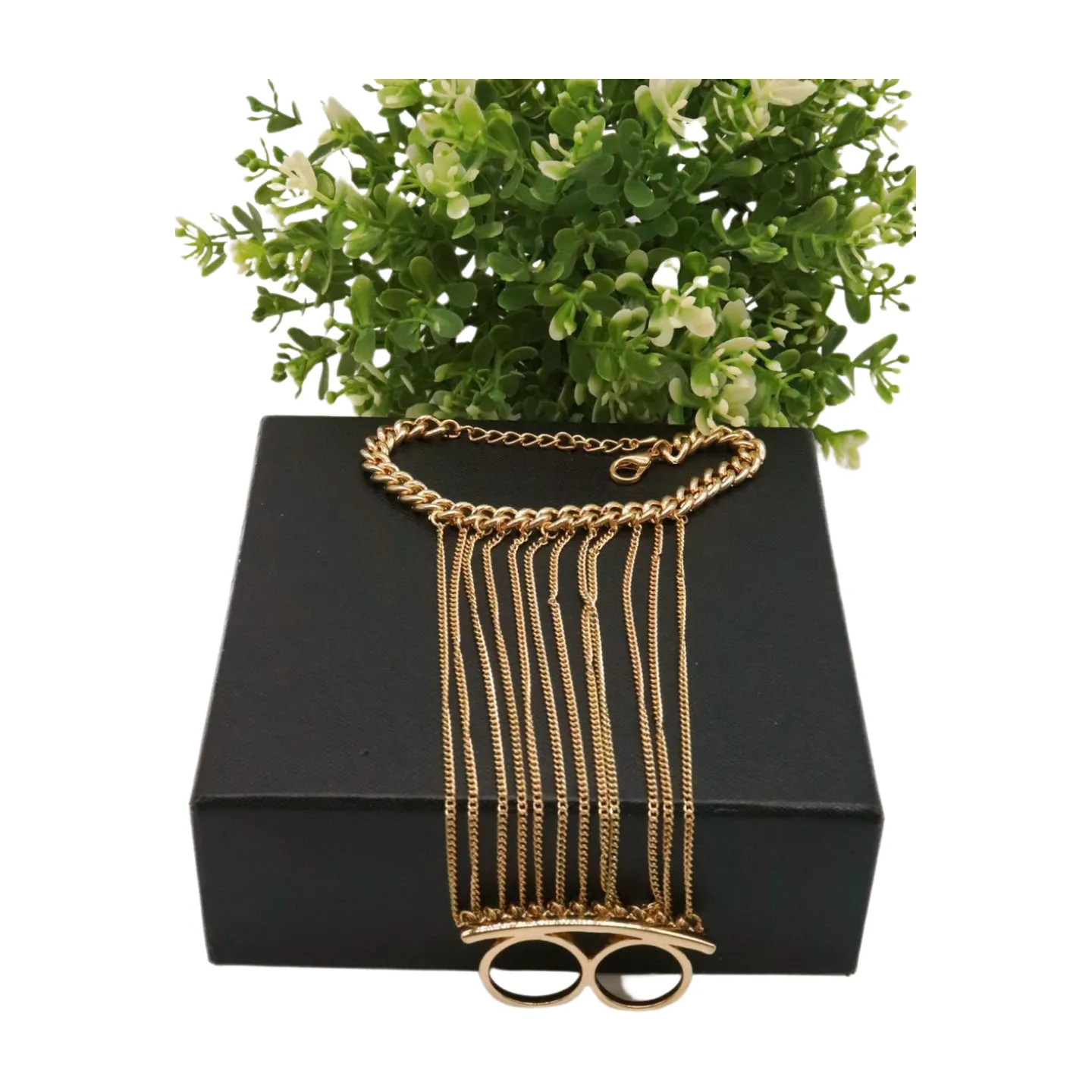 Women Gold Metal Hand Chain Bracelet 2 Connected Rings