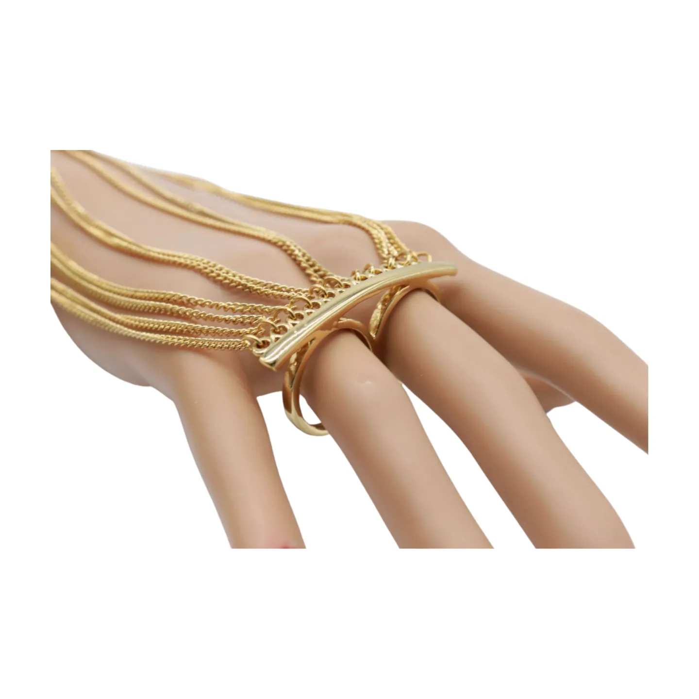 Women Gold Metal Hand Chain Bracelet 2 Connected Rings