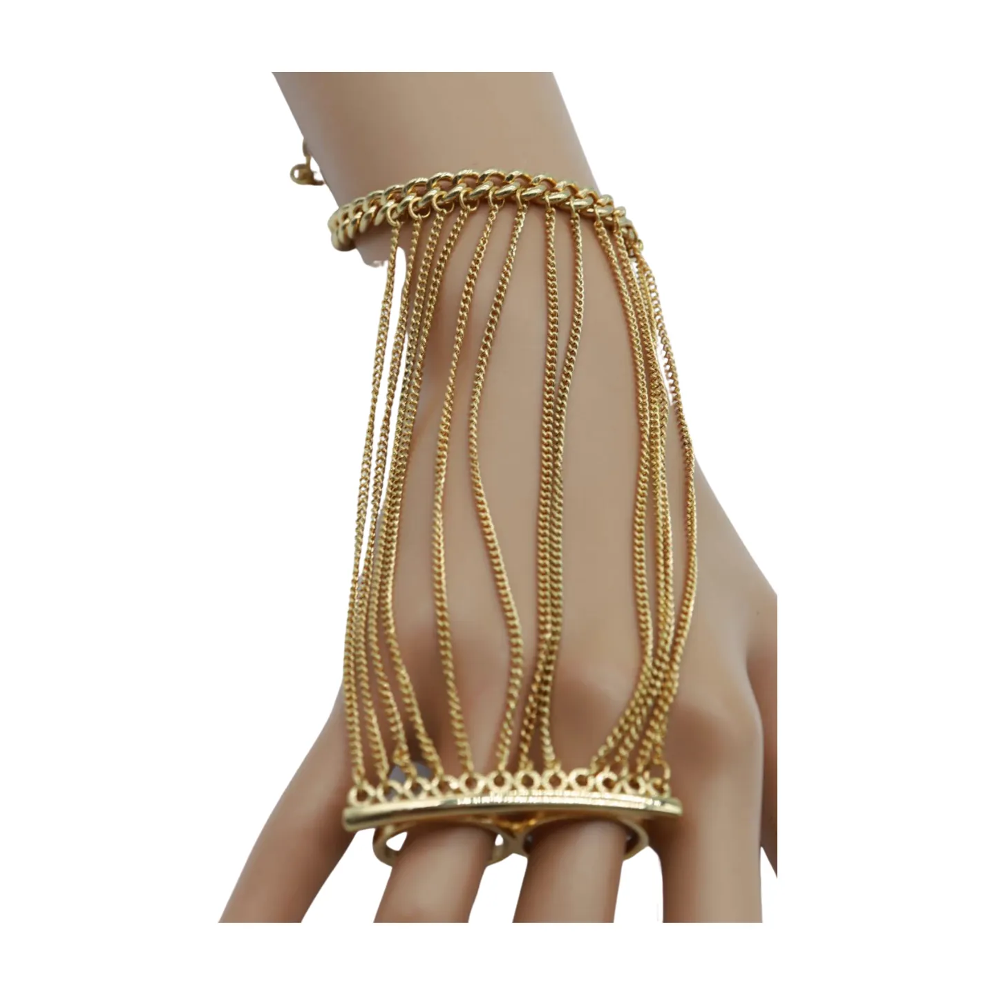 Women Gold Metal Hand Chain Bracelet 2 Connected Rings
