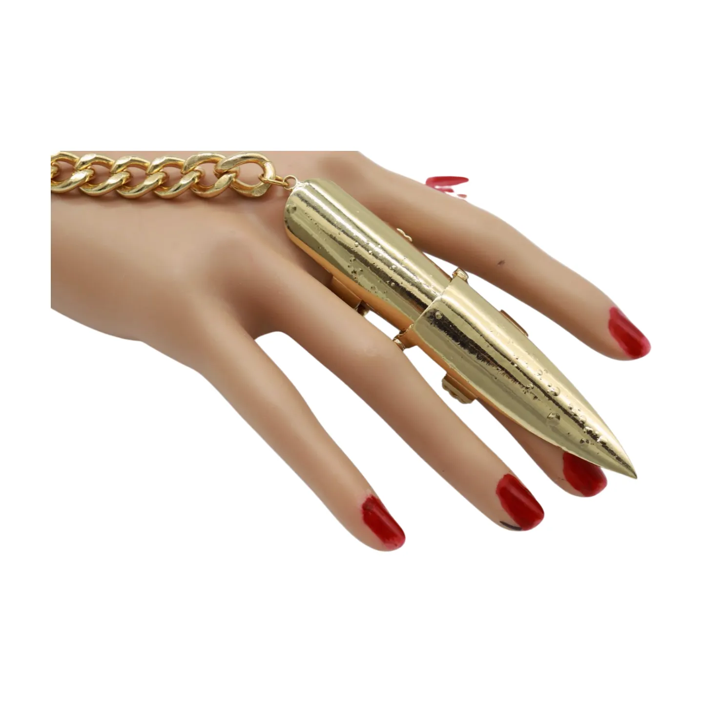 Women Gold Metal Hand Chain Bracelet Long Finger Nail Ring