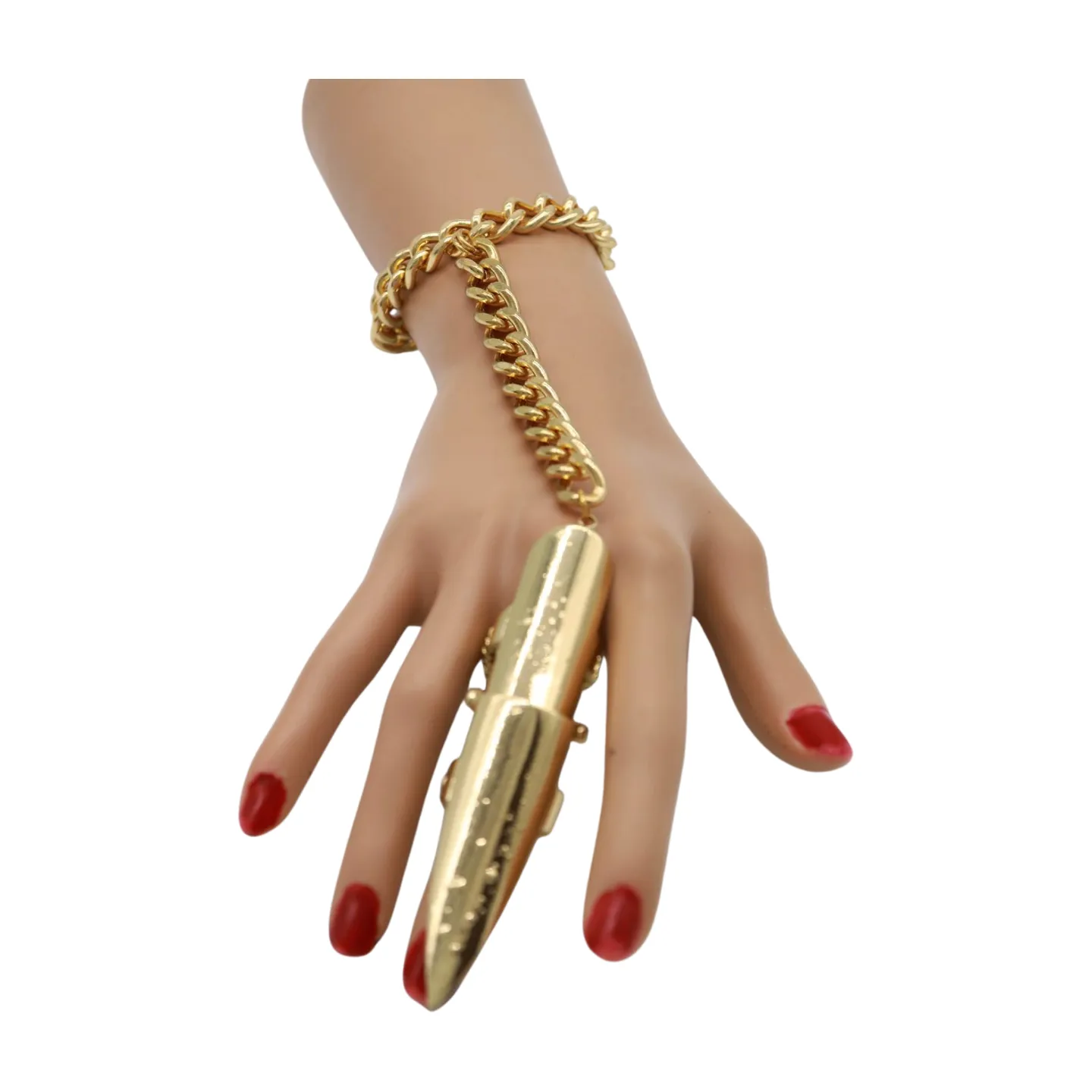 Women Gold Metal Hand Chain Bracelet Long Finger Nail Ring