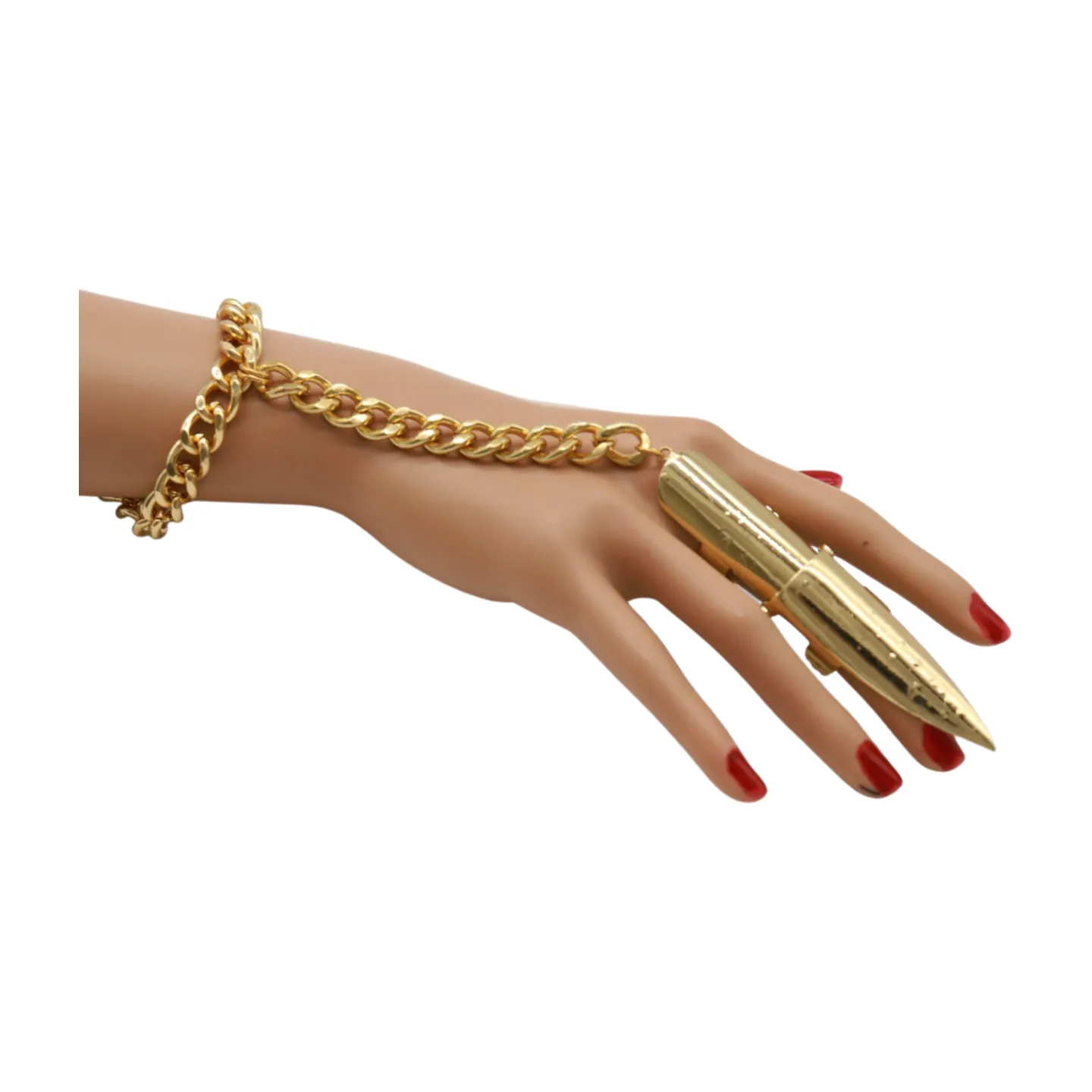 Women Gold Metal Hand Chain Bracelet Long Finger Nail Ring