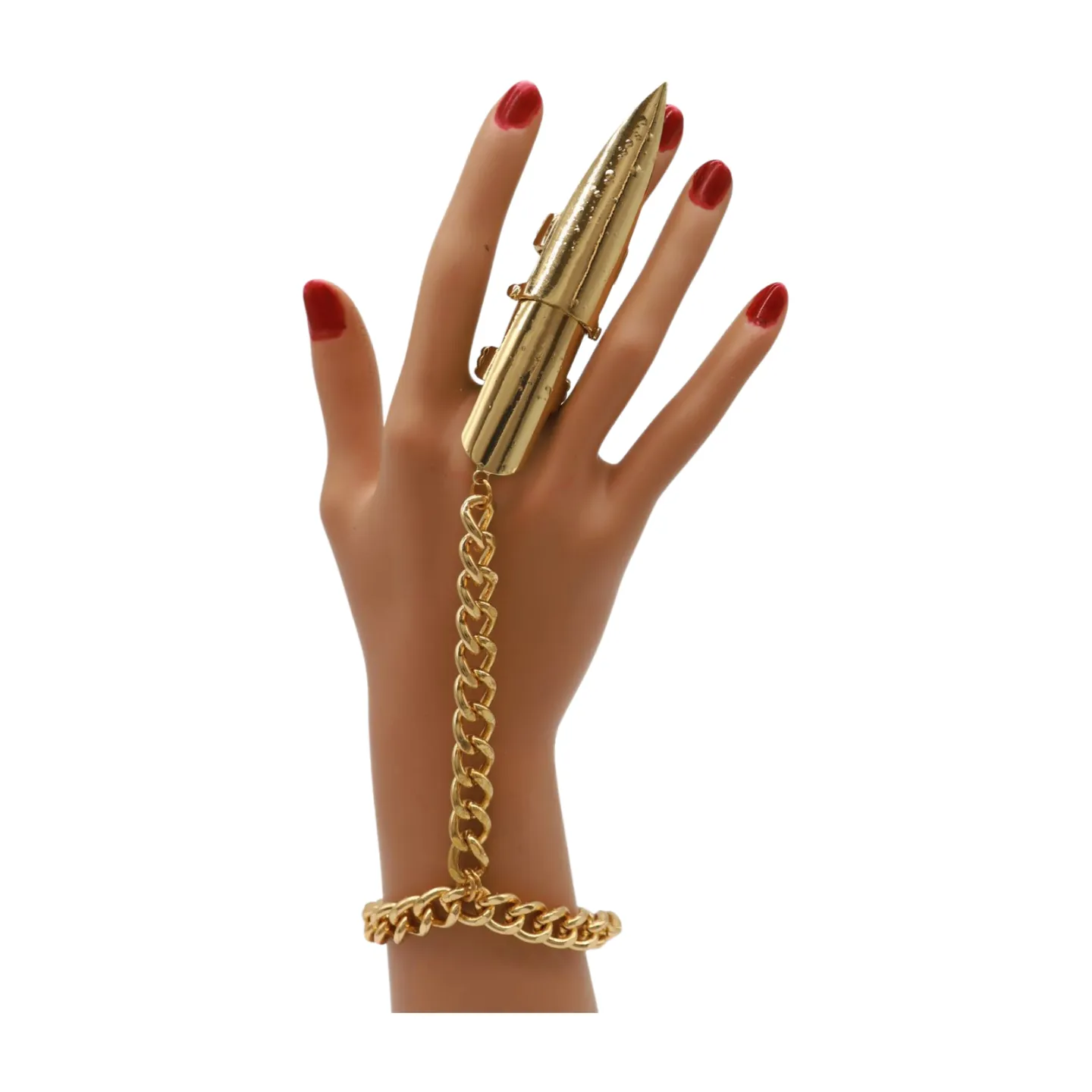Women Gold Metal Hand Chain Bracelet Long Finger Nail Ring