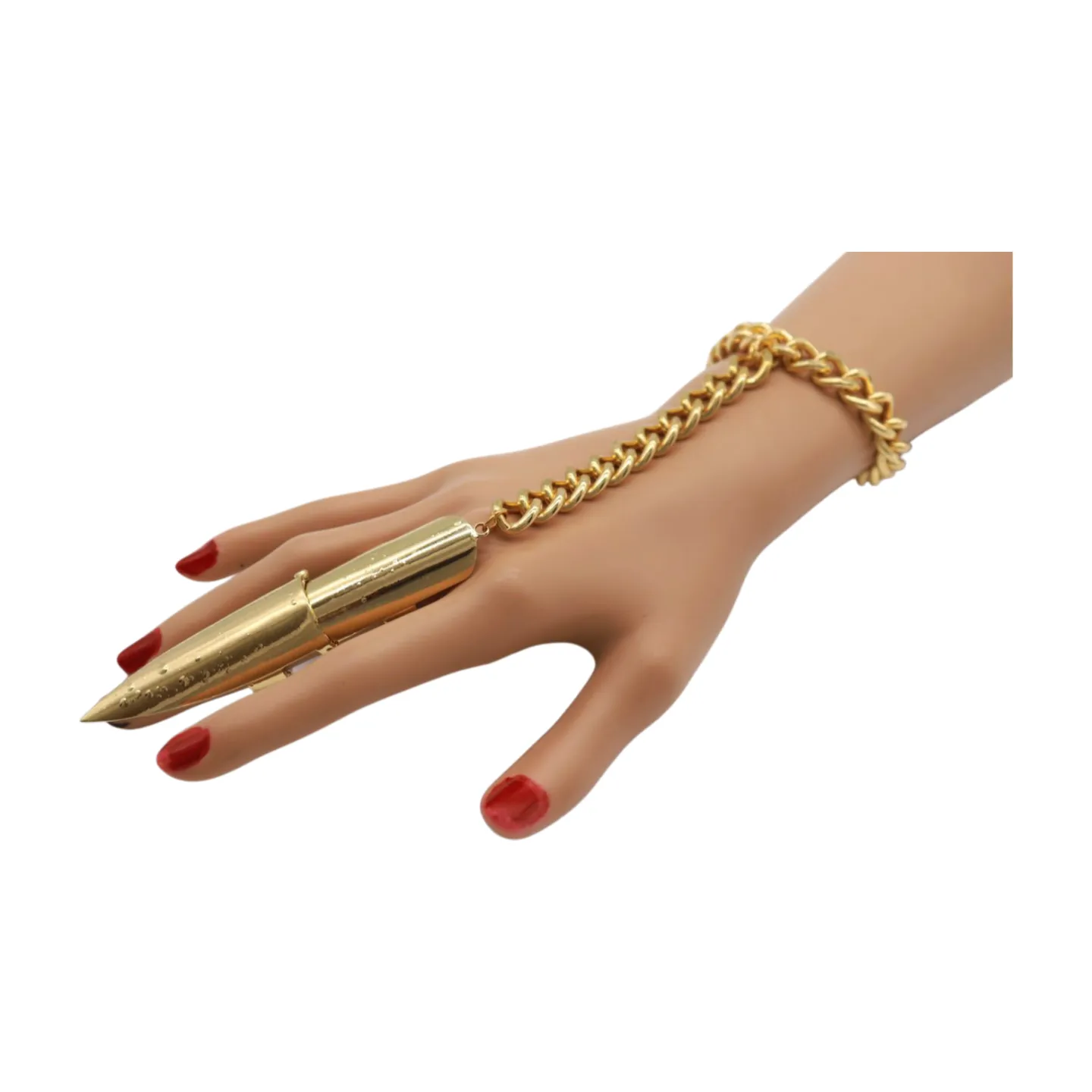 Women Gold Metal Hand Chain Bracelet Long Finger Nail Ring