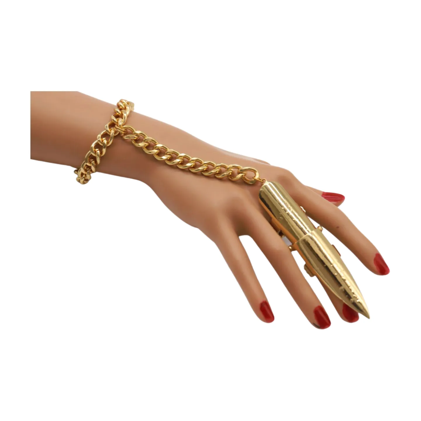 Women Gold Metal Hand Chain Bracelet Long Finger Nail Ring