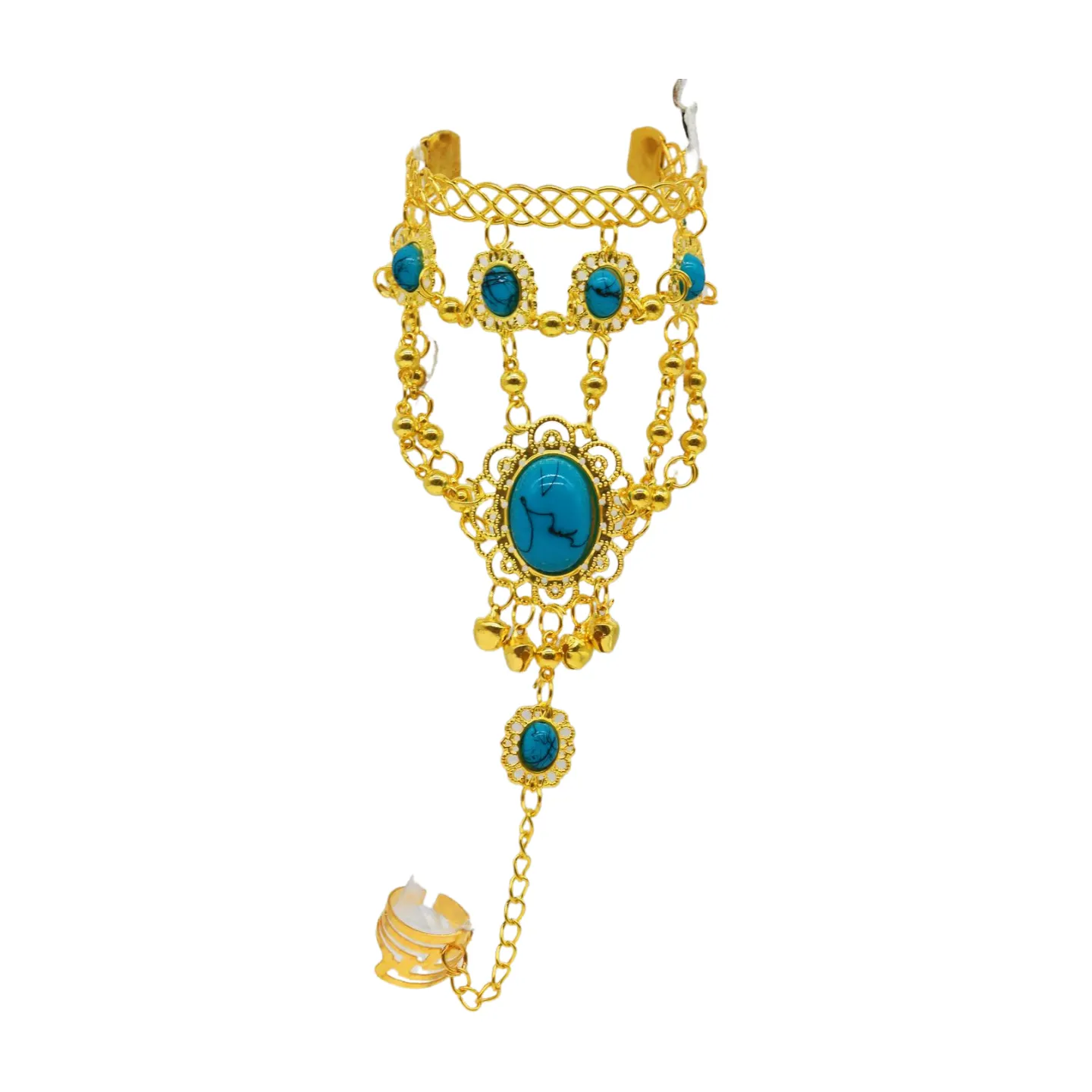 Women Gold Metal Hand Chain Cuff Bracelet Ring Turquoise Blue Beads