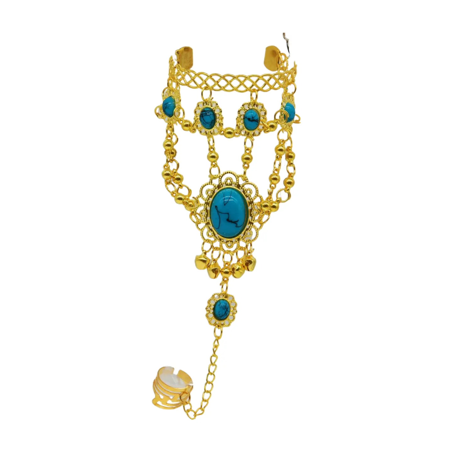 Women Gold Metal Hand Chain Cuff Bracelet Ring Turquoise Blue Beads
