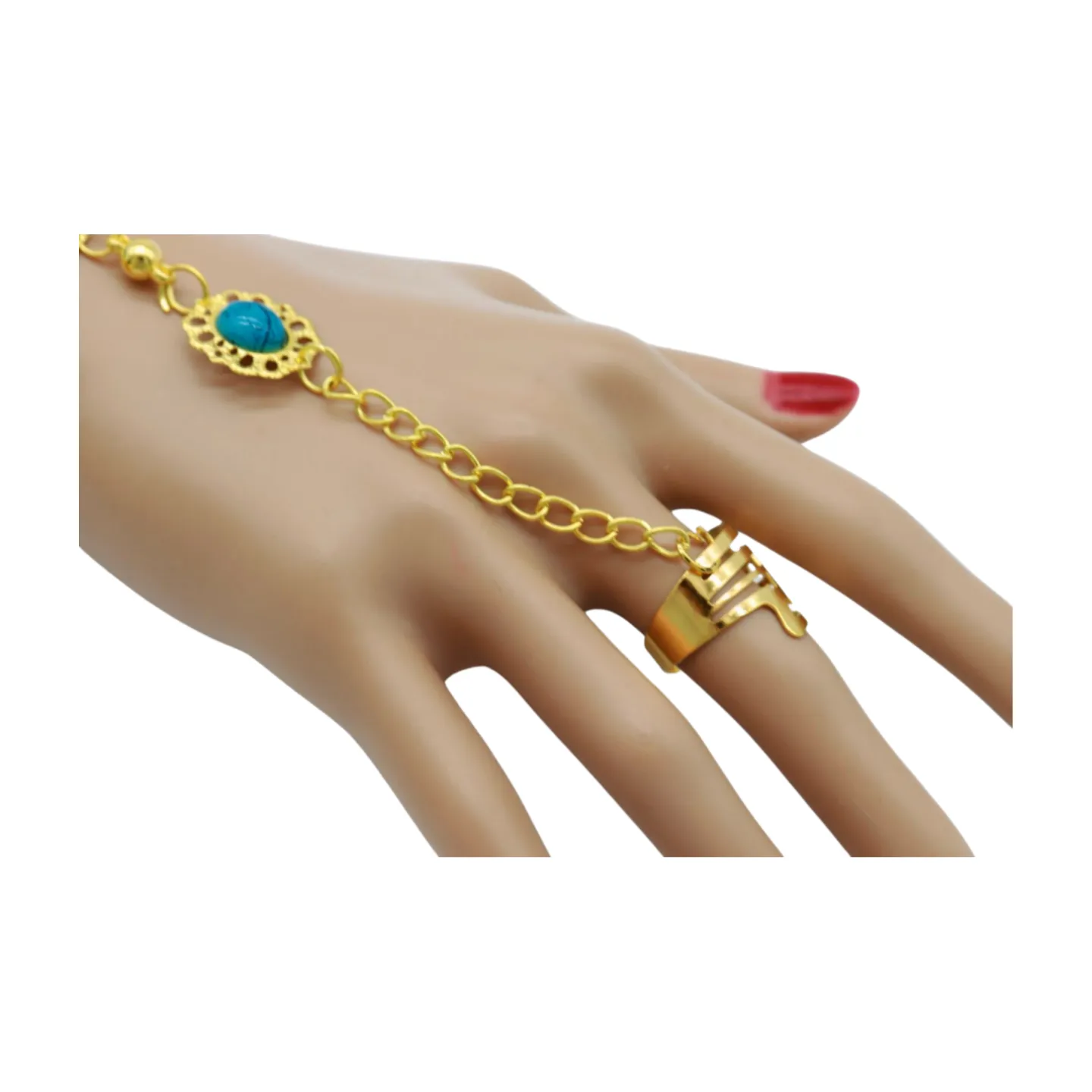 Women Gold Metal Hand Chain Cuff Bracelet Ring Turquoise Blue Beads
