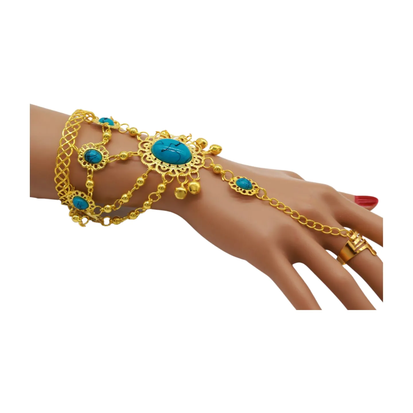 Women Gold Metal Hand Chain Cuff Bracelet Ring Turquoise Blue Beads